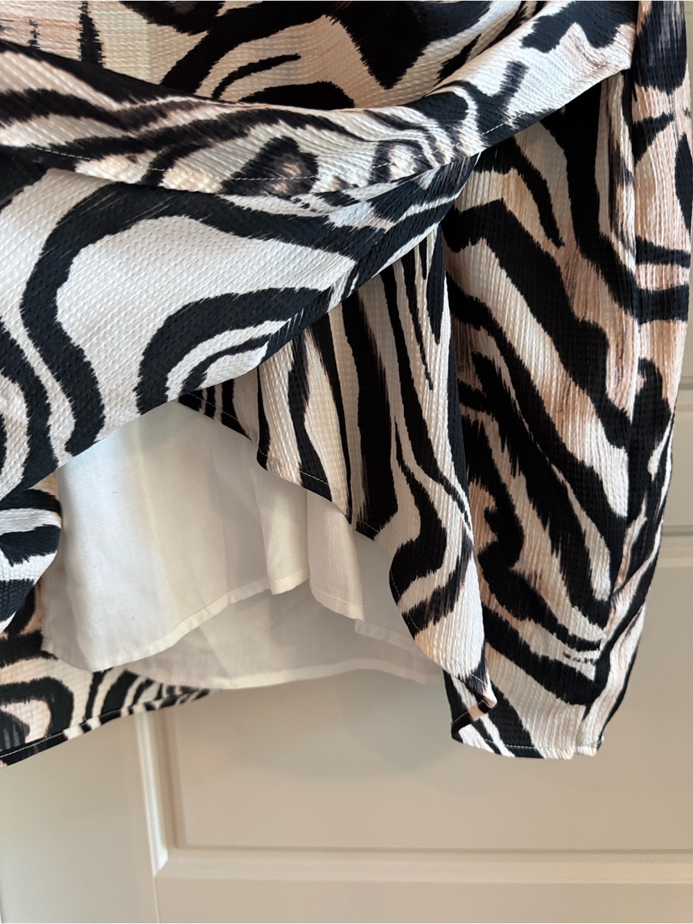 Anthropologie Beige, Black Cream Zebra Print Long Sleeve Wrap Pucker Waist Dress - Picture 8 of 8